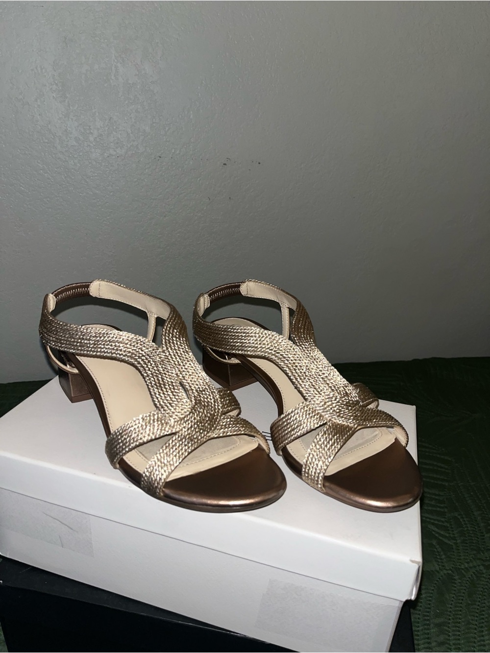 Alex Marie Metallic Beige Woven Low Heel Sandals